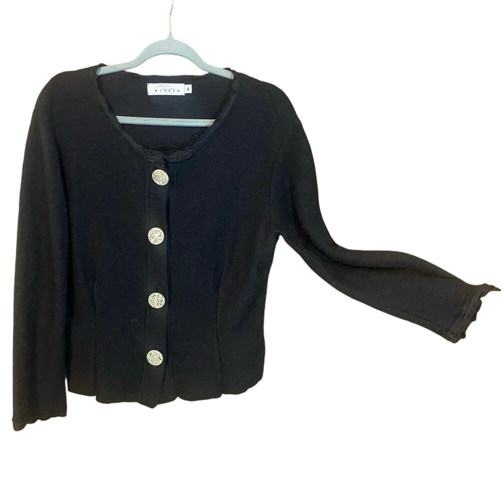 Willow Black 100% Cotton Cardigan Sweater Made in USA Size Medium Shell Buttons